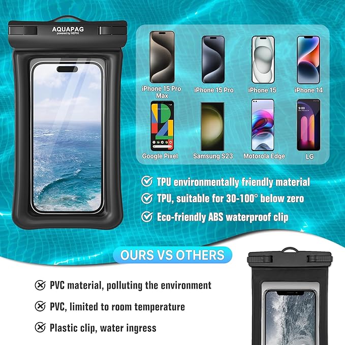 NEPHI IP68 Waterproof Phone Pouch 2 Pack-Up to 8.0",Adjustable Neck Lanyard Floating Waterproof Phone Case for iPhone,Phone Dry Bags for Vacation Beach Travel Essentials (Black White 2 Pack)