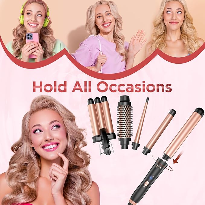 5 in 1 Curling Iron Curling Wand, Curling Iron Set with A Thermal Brush, A 3-Barrel Hair Crimper Iron, 3 Ceramic Curling Irons (0.35 "-1.25"), 2 Temps 30S Fast Heat Hair Curler Waver with Glove & Clip