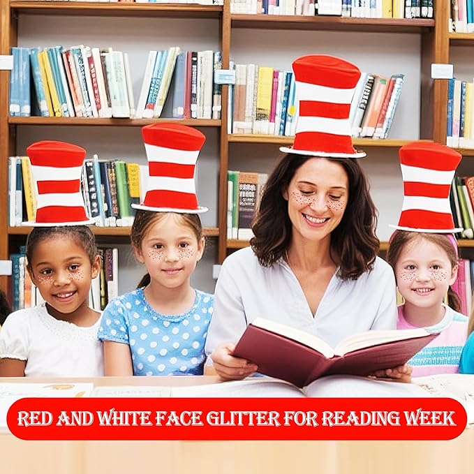 MEICOLY Red and White Face Body Glitter for Reading Week World Book Day,Dr. Week Seuse Costume Accessory for Kids Adults,Book Character Costumes for Kids,Cosplay Accessories for Halloween Festival