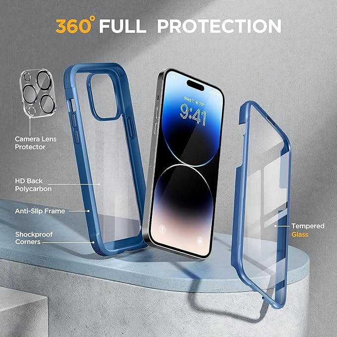 Miracase Glass Series for iPhone 14 Pro Case 6.1 Inch, Full-Body Clear Bumper Case with Built-in 9H Tempered Glass Screen Protector, with Camera Lens Protector, Capri Blue