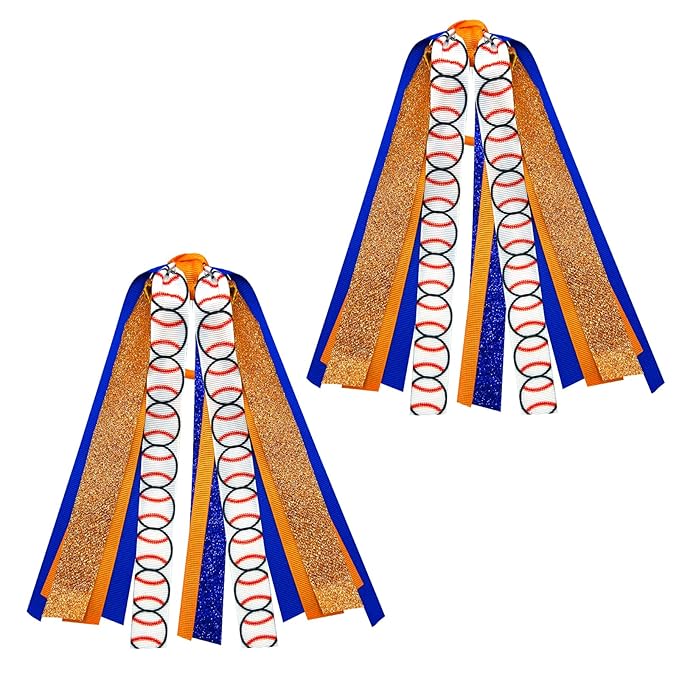 2pcs Baseball Ponytail Holders Hair Ribbons Streamer Orange Blue Glitter Baseball Elastic Hair Ties Band Hair Scrunchies Game Day Party Accessories Back School Gift for Women Cheerleader Fans