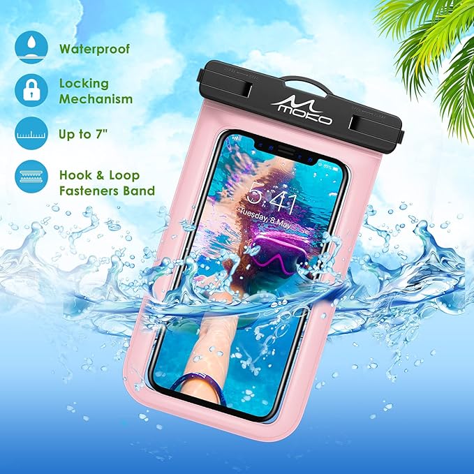MoKo Waterproof Phone Pouch Holder, Cellphone Case Dry Bag with Lanyard Armband Compatible with iPhone 16 15 14 13 12 11 Pro Max X/Xr/Xs Max/SE 3, Samsung S24/S23/S21/S20/S10/S9, Pearly Pink