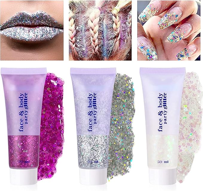 2 Color Body Glitter Gel, Neon Outfit Glow Party for Face and Body Hair Face Nail Glitter Stick Highlighter Makeup. (01-Blue&04-Rose)