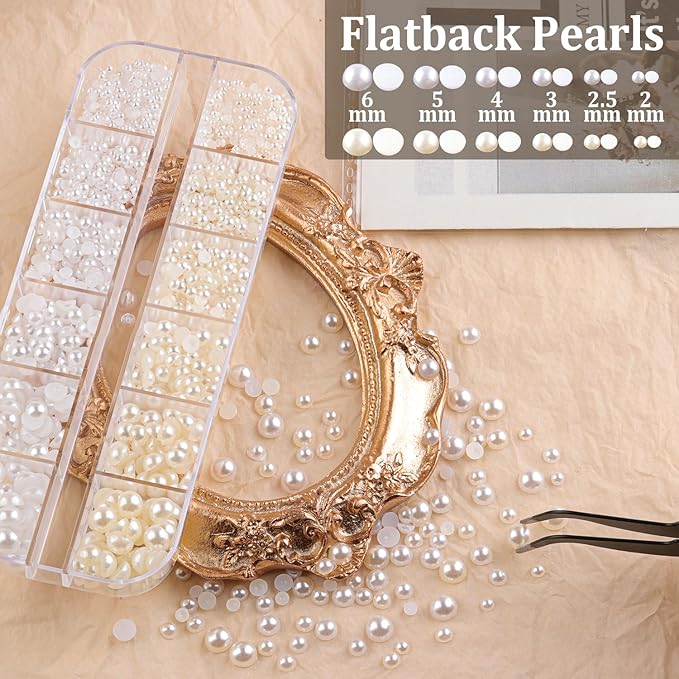 Nail Art Rhinestones Kit with Flatback Crystal (AB&Clear + Clear) Gems, (White & Beige) Half Pearls with Dotting Tools, Nail Rhinestones Jewels for Manicure Makeup