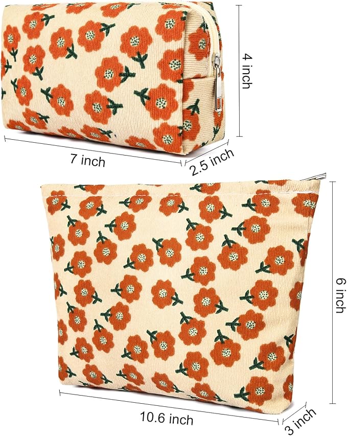 2 Pieces Flower Makeup Bag Large Corduroy Cosmetic Bag Capacity Canvas Mix Travel Toiletry Bag Organizer Cute Makeup Brushes Aesthetic Accessories Storage Bag for Women, Flower Mix Orange