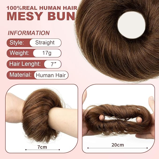 1PCS Messy Bun Hair Piece Human Hair Thick Updo Curly Wavy Chignons Scrunchies for Women Bun Donut Updo Hair Pieces Bun Extension (#04 Medium Brown)
