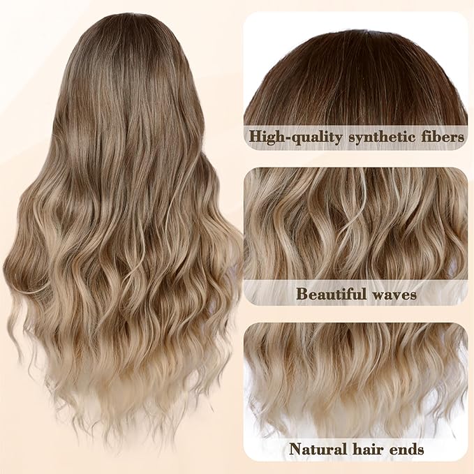 NAYOO Long Ombre Blonde Wavy Wig for Women 26 Inch Middle Part Lace Hairline Curly Wavy Wig Natural Looking Synthetic Heat Resistant Fiber for Daily Party Use