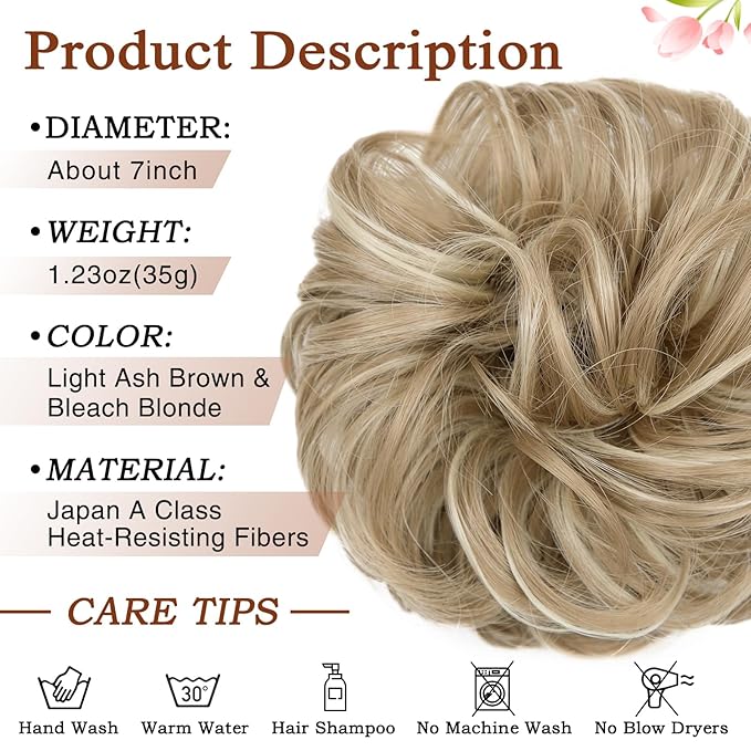 MORICA 1PCS Messy Hair Bun Hair Scrunchies Extension Curly Wavy Messy Bun Hair Synthetic Chignon Hairpieces for Women(16H613(Light Ash Brown & Bleach Blonde))