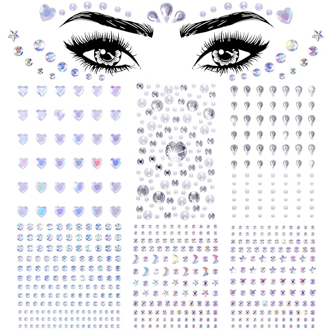 OIIKI 6 Sheets Face Gems - Heart Jewelry Eye Stickers, Acrylic Crystal Moon Face Eyes, Halloween Round Rhinestones Body Makeup Stickers, 6 Styles Jewels Tattoos for Women, Girls