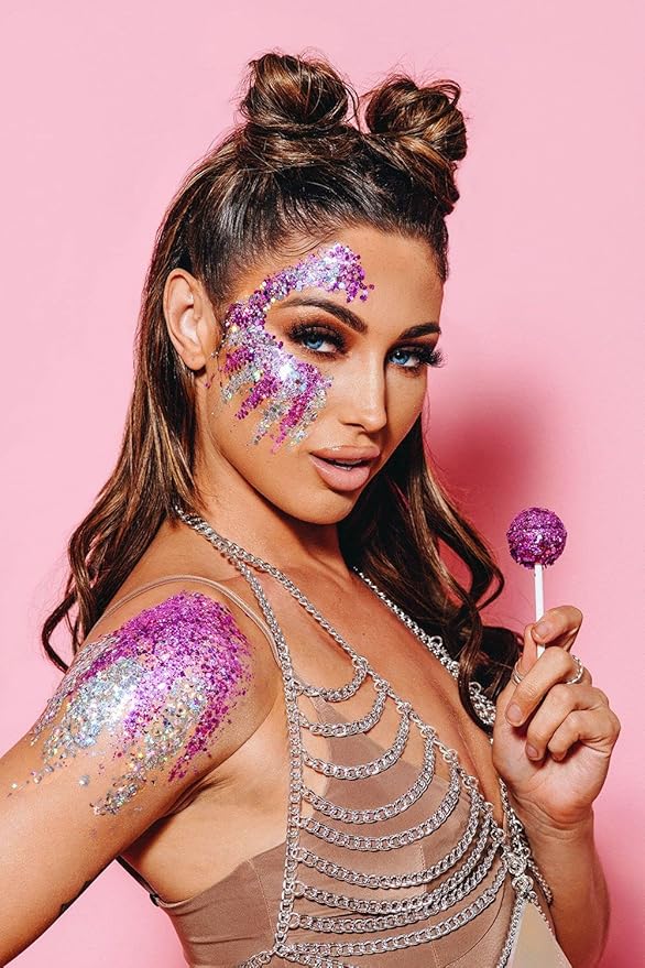Purplish Red Holographic Chunky Glitter Cosmetic Body Hair Face Eye Nail for Festival Carnival Concert Party Beauty Rave Accessories Different Sizes&Shapes 2 Pots 14g/0.5oz+ Quick Dry Primer Glue Gel
