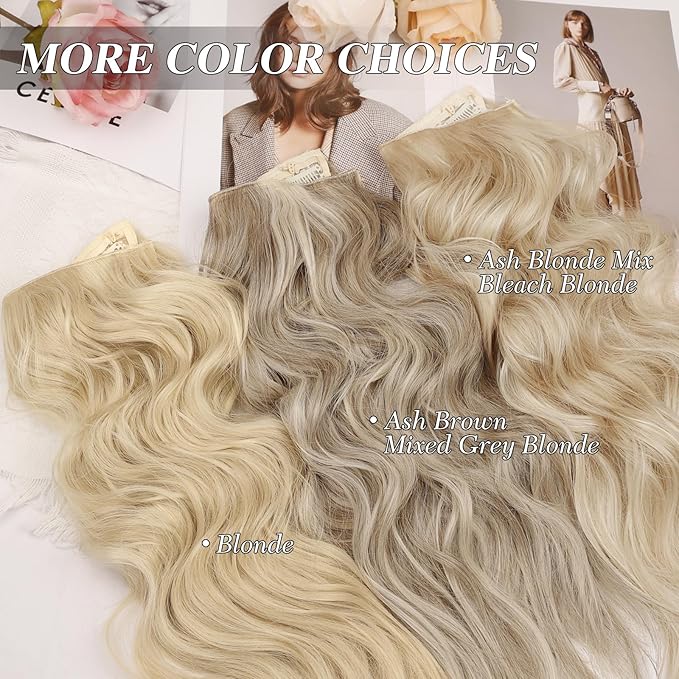 MORICA Invisible Wire Hair Extensions - 20 Inch Blonde Long Wavy Synthetic Hairpiece with Transparent Wire Adjustable Size, 4 Secure Clips for Women