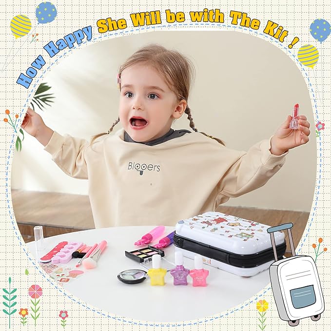 Kids Makeup Sets for Girls 5-8, Washable Non Toxic Toys for Princess Dress Up, Girls Toys and Gifts for Christmas and Birthday (White Cosmetic Case with 150+ DIY Stickers)