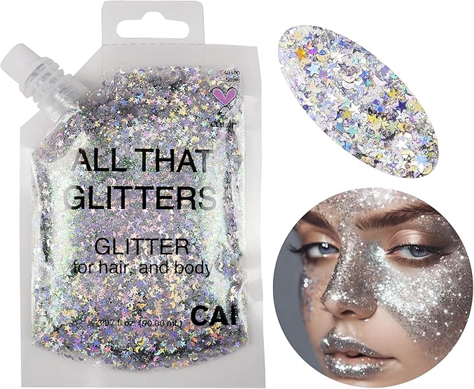 Hair Glitter Gel; Body Glitter & Face Glitter for Women/Kids(6 Pc Unicorn Bundle) Chunky Iridescent Holograph Stars & Moon Bag, Roll-On Body, Body Spray, Body Jewels, 10 Color Eye, Eyelashes