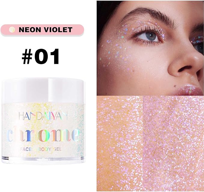 Holographic Body Glitter Gel - Cosmetic-Grade, Color Changing Long-Lasting Glitter for Face, Body, and Hair, Safe and Easy to Use, Perfect for Festivals Parties (Neon Violet)