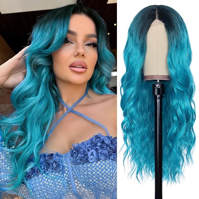 NAYOO Long Ombre Bluish Green Wavy Wig for Women 26 Inch Middle Part Lace Hairline Curly Wavy Wig Natural Looking Synthetic Heat Resistant Fiber Wig for Daily Party Use