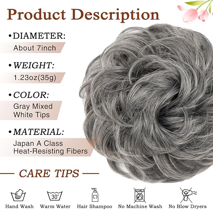 MORICA Messy Bun Hair Piece - Elastic Wavy Curly Hair Bun Scrunchies Extensions Synthetic Chignon Hairpieces for Women Girls((Gray and White Tips))