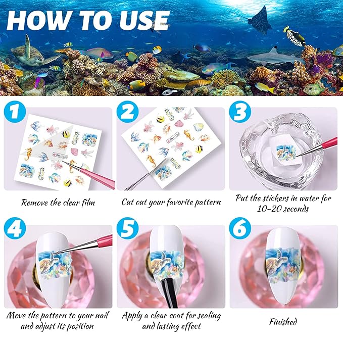 36 Sheets Summer Nail Art Stickers, Ocean Anchor Water Transfer Nail Decals, Shark Seashell Sea Turtle Design DIY Manicure Decorations for Girls Women