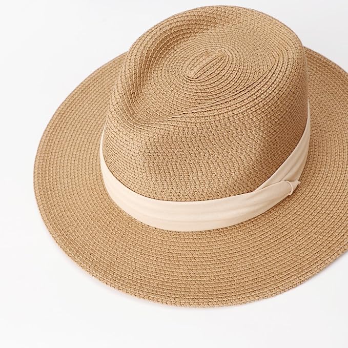 DRESHOW Women Straw Panama Hat Travel Fedora Beach Sun Hat Summer Wide Brim Straw Roll up Hat UPF 50+