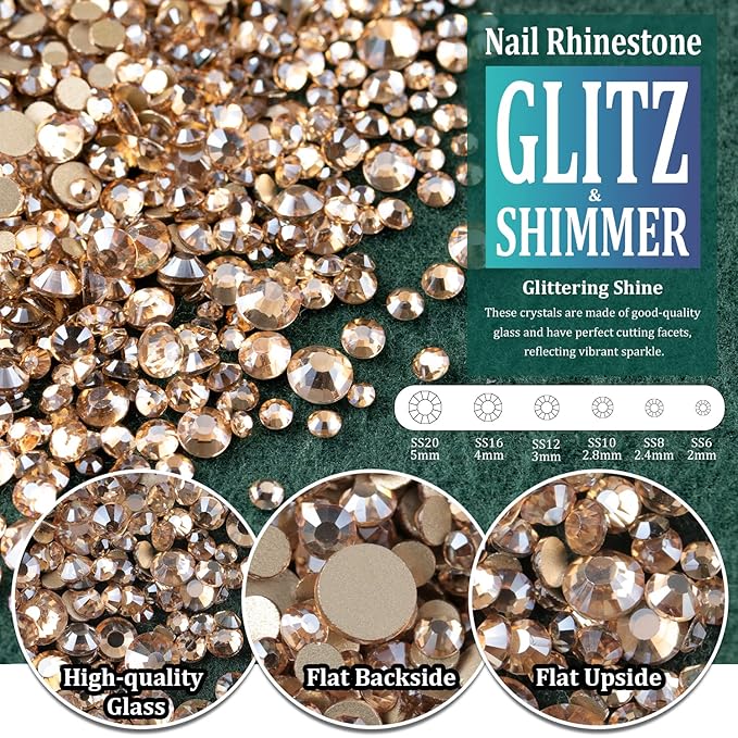Multi Shapes Champagne 3D Glass Crystal Nail Art Rhinestones Kit with Flatback Round Bead Charm Gem Stone Jewelry Diamond with Pickup Pen + Tweezer for Manicure Makeup DIY Craft Decoration