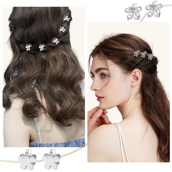 12PCS Small Metal Hair Claw Clips, Silver Mini Hair Clips for Thin Thick Hair, Cute Tiny Hair Clips, Little Flower Hair Jaw Clamps, Nonslip Bangs Pins Hair Accessories for Women Girls