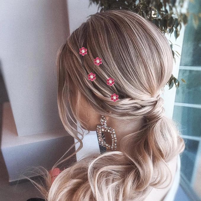 20 Pack (Pink) Crystal Flower Hair Pins Rhinestone Hair Clips for Bridal Wedding Women Hair Jewelry Accessories, with Clear Container