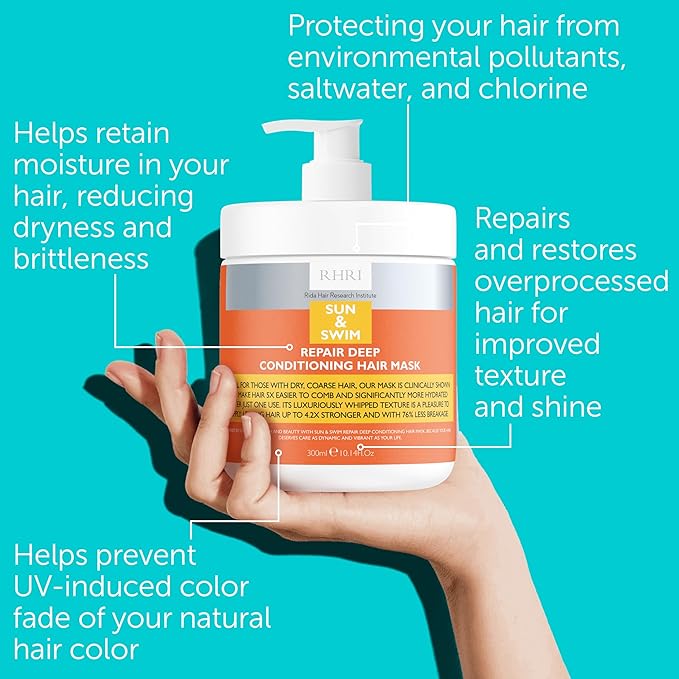 11 Fl.Oz Sun & Swim Repair Deep Conditioning Hair Mask, Hydrates and Strengthens Dry, Coarse Hair Contains Hyaluronic Acid, Hydrolyzed Protein, Reduces Breakage by 76%, UV and Chlorine Protection