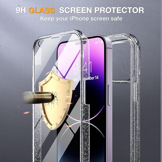 Miracase Glass Series Designed for iPhone 14 Pro Max Case 6.7 Inch, Upgrade Full-Body Case with Built-in 9H Tempered Glass Screen Protector, with Camera Lens Protector, Clear Glitter