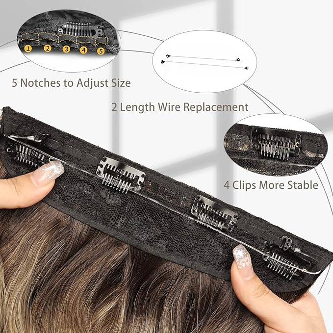 MORICA Invisible Wire Hair Extensions - 20 Inch Ombre Blonde Long Wavy Synthetic Hairpiece with Transparent Wire Adjustable Size, 4 Secure Clips for Women