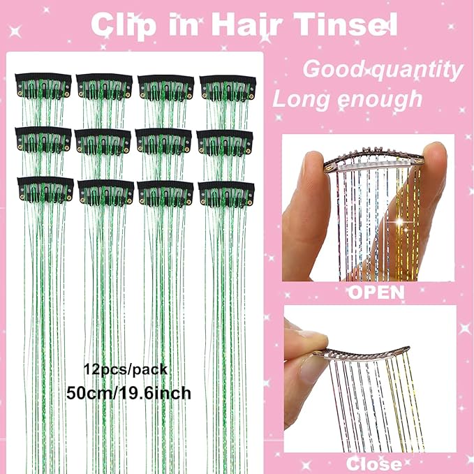 12Pcs Hair Tinsel Clip in Glitter Tinsel Hair Extensions 19.6Inch Clip in Hair Tinsel Kit Heat Resistant Shiny Sparkly Fairy Hair Accessories for Women Girls Kids (Green)