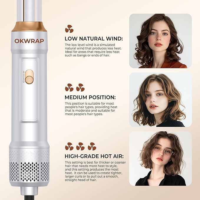 6 in ONE Blow Dryer Brush,Air Curling Iron Round Brush for Blow Out 1000W,Ionic Hair Dryer Brush for Women, Blowout Brush Air Styler Curler (Golden White)