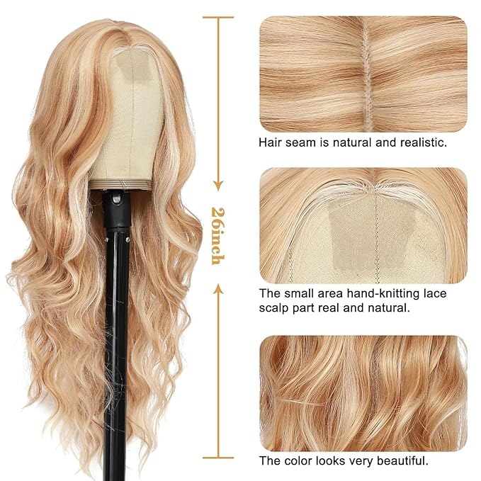 NAYOO Long Mixed Blonde Wavy Wig for Women 26 Inch Middle Part Curly Wavy Wig Natural Looking Synthetic Heat Resistant Fiber for Daily Party (Mixed Blonde)