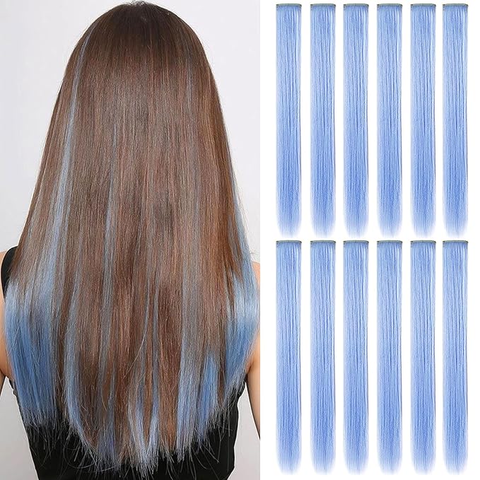 12 Pcs Colored Hair Extensions, 20 Inch Clip In Rainbow Hair Extensions Heat-Resistant Straight Hair Pices for Kids Women Cospaly Party Gift(Light blue)