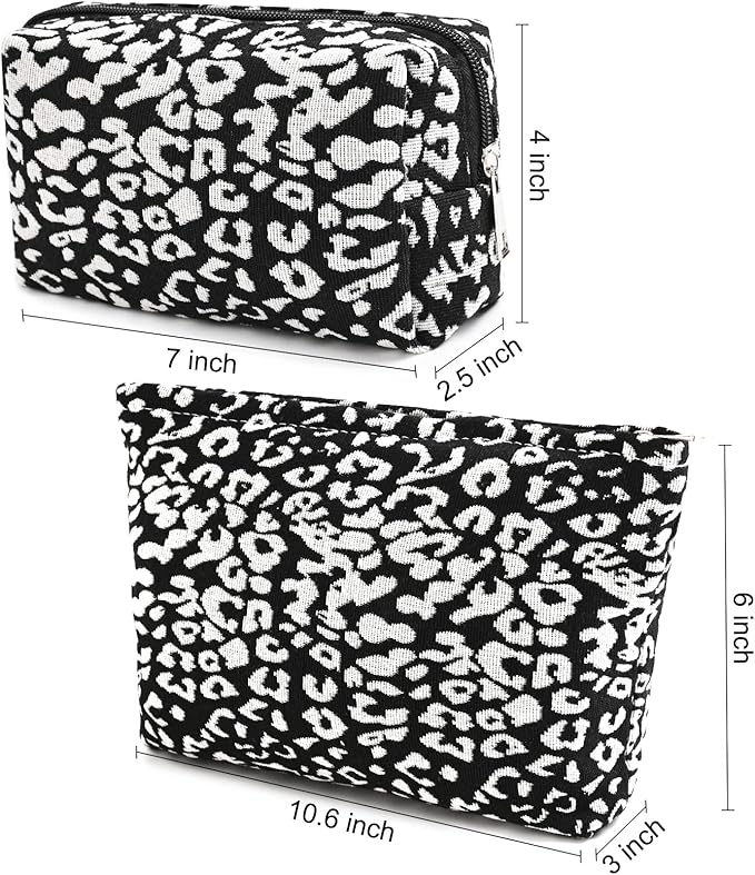 2 Pieces Leopard Print Makeup Bag Large Cosmetic Bag Capacity Canvas Mix Travel Toiletry Bag Organizer Cute Makeup Brushes Aesthetic Accessories Storage Bag for Women, Leopard Print Mix Black