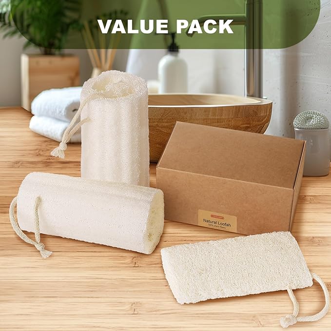Natural Loofah Body Scrubber Sponge, Set of 3 Organic 5 Inch Luffa for Exfoliating & Smooth Skin Cleansing, Ideal for Men & Women, Spa & Shower Use