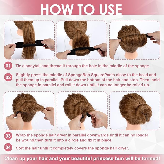 2pcs Sponge Hair Bun Maker, Hair Curler Bun Clip with 2 Sizes, Lazy Bun Updo Hair Styling Accessories for Thin Thick Long Straight Curly Hair- Black