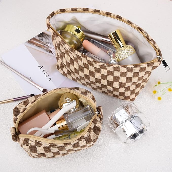 2 Pieces Makeup Bag Large Checkered Cosmetic Bag Capacity Canvas Mix Travel Toiletry Bag Organizer Cute Makeup Brushes Aesthetic Accessories Storage Bag for Women, Checkered Mix Brown