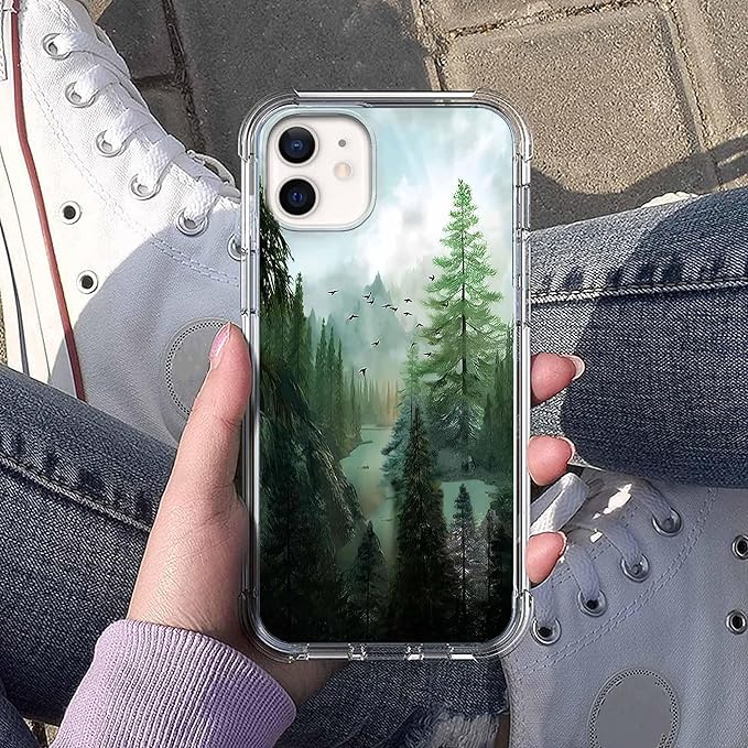 Case for iPhone 12/12 Pro with Forest Design,Mountain and Birds Beautiful Scenery Nature Pattern,Soft TPU Bumper Phone Cover(12,Wood)