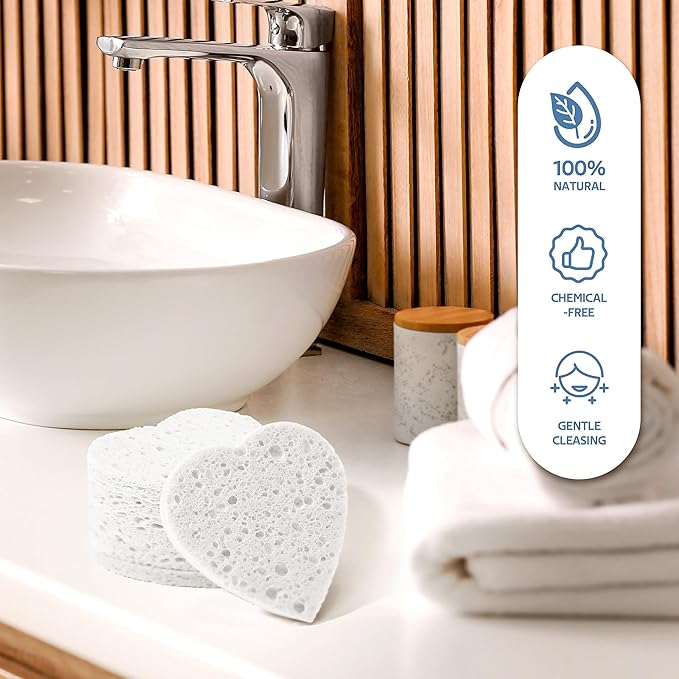 50-Count Heart Shape Compressed Facial Sponges for Daily Facial Cleansing and Exfoliating, 100% Natural Cosmetic Spa Sponges for Makeup Remover, White