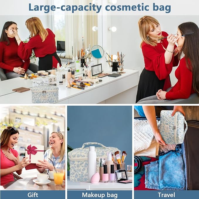 1pc Large Makeup Bag, Cute Cosmetic Bag for Women Girls, Floral Coquette Aesthetic Toiletry Bag, Travel Make Up Organizer Bag (Star White Rabbit)