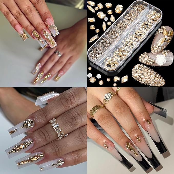 Nail Art Rhinestones Flatback Gold Nail Charms Multi Shapes Crystal Nail Supplies Mixed Nail Glitter Foil Design Nail Gems Nail Accessories for Women Nail Decorations., 3.0 Count