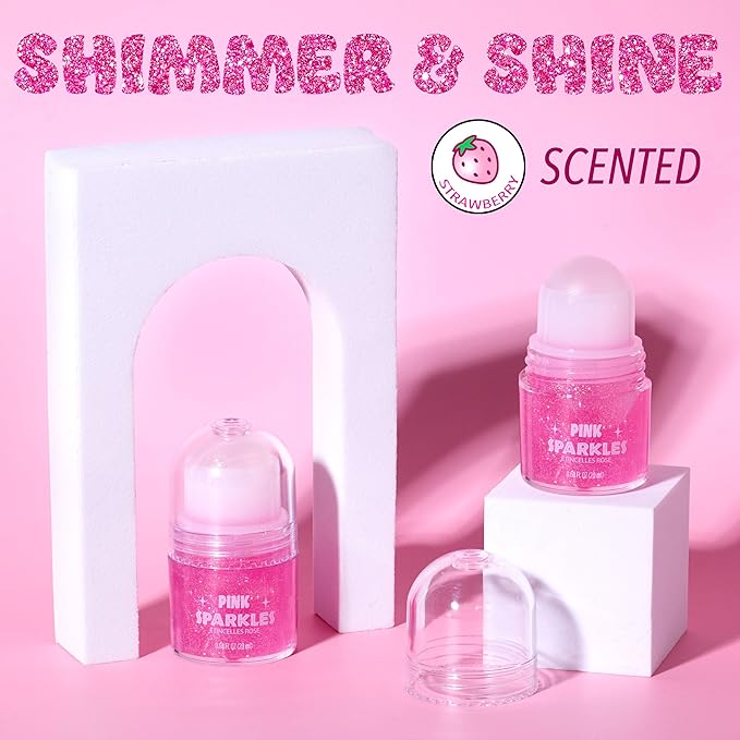 2pc Pink Sparkles Roll-On Glitter Set - Strawberry Scented Roll On Body & Face Glitter, Smooth Rollerball Tip Glitter Stick Face & Body Makeup for Shimmer & Shine