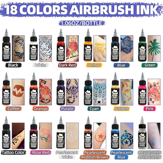 OPHIR 18 Colors Airbrush Temporary Tattoo Ink, Air Brush Body Paint for Face and Body Painting Special Effects Makeup, Water Resistant Airbrush Body Painting Pigment Tattoo, 1.06oz/Bottle