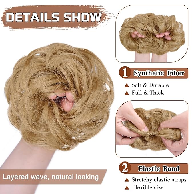 MORICA 1PCS Messy Hair Bun Hair Scrunchies Extension Curly Wavy Messy Bun Hair Synthetic Chignon Hairpieces for Women(24(Natural Blonde))