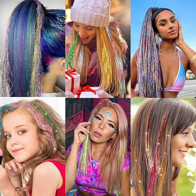 12PCS Tinsel Hair Extensions Glitter Hair Extension Clip in Gold Sparkling Fairy Hair Tinsel Kit Shiny Highlights Colorful Heat Resistant Hair Accessories for Girls New Year Party(Blue+Purple)