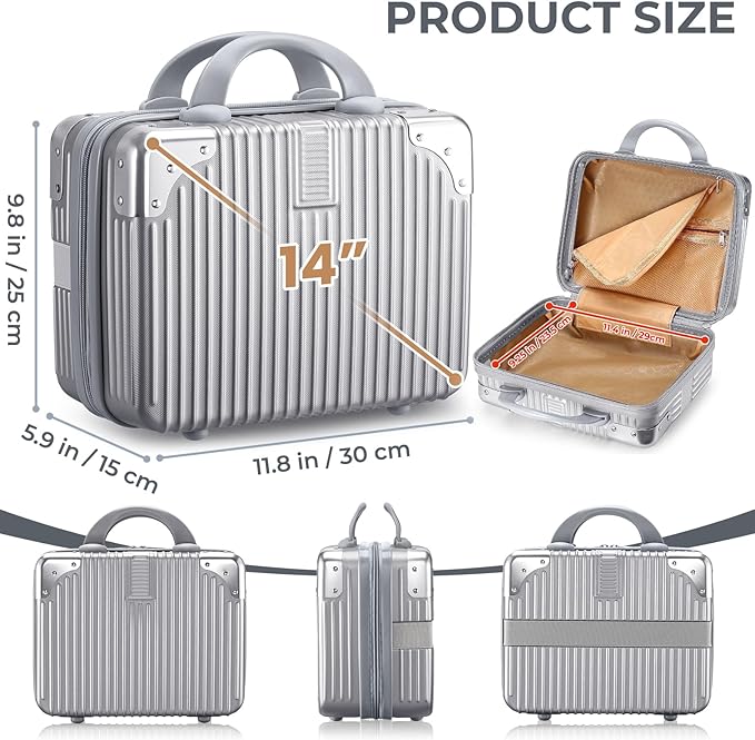 Noverlife 14 Inch Hard Shell Cosmetic Case, Small Hard Case Makeup Travel Case with Elastic Band ABS Carrying Suitcase, Mini Carrying Makeup Suitcase Small Travel Hand Luggage Organizer - Silver
