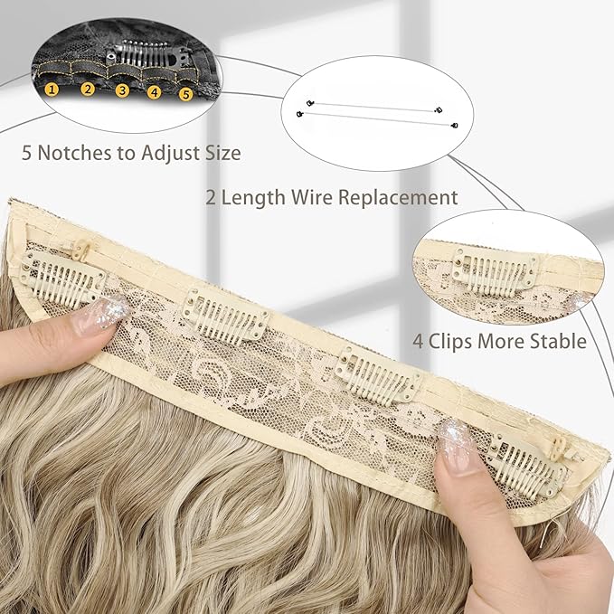 MORICA Halo Hair Extensions, 20 Inch Invisible Wire Hair Extensions Long Wavy Synthetic Hairpiece with Transparent Wire Adjustable Size, 4 Secure Clips for Women (Ash Blonde Mixed Light Blonde,20Inch)