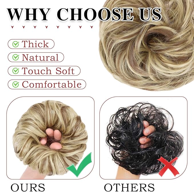 MORICA 1PCS Messy Hair Bun Hair Scrunchies Extension Curly Wavy Synthetic Chignon Hairpieces for Women(86H10#(Light Blonde & Light Brown))