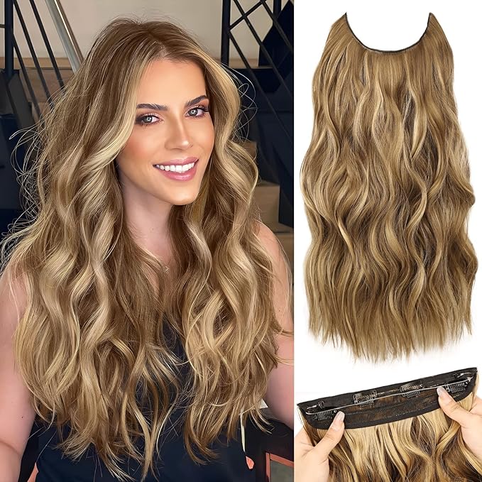 MORICA Invisible Wire Hair Extensions - 20 Inch Brown Mixed Blonde Long Wavy Synthetic Hairpiece with Transparent Wire Adjustable Size, 4 Secure Clips for Women