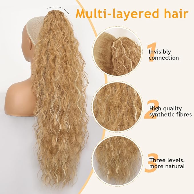 ORSUNCER Ponytail Extension Claw 30" Curly Pony Tail Clip in Claw Hair Extensions Fluffy Natural Looking Synthetic Hairpiece for Women Medium Blonde Highlights