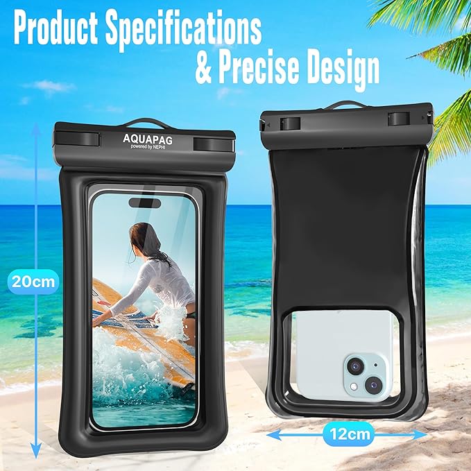 NEPHI IP68 Waterproof Phone Pouch 2 Pack-Up to 8.0",Adjustable Neck Lanyard Floating Waterproof Phone Case for iPhone,Phone Dry Bags for Vacation Beach Travel Essentials (Black White 2 Pack)